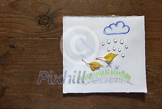 Autumn leaves and waterdrops on a drawing Autumn leaves and waterdrops on a drawing