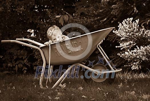 Boy hiding in the wheelbarrow