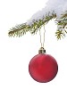 A red christmas ball hanging from snowy tree