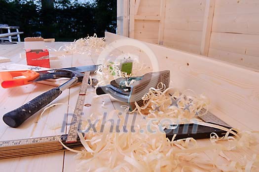 Woodworking tools at the construction site Woodworking tools at the construction site