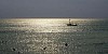 People swimming with a boat on the background at the sunset