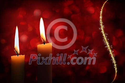 Two candles on a red background with shallow depth of field and a star swirl