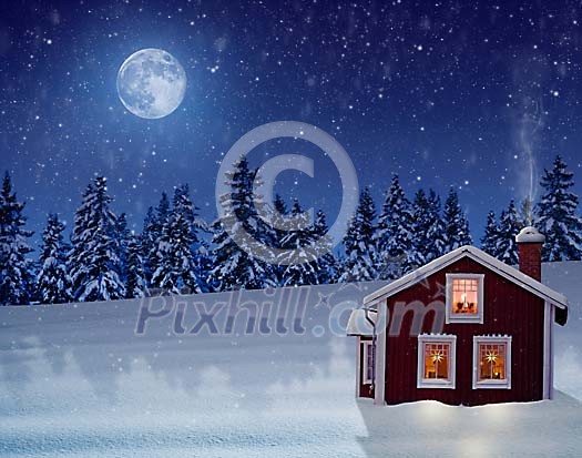 Red house in moonlight and snowfall