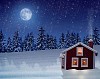 Red house in moonlight and snowfall