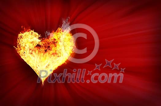 A heart made of fire on a red background