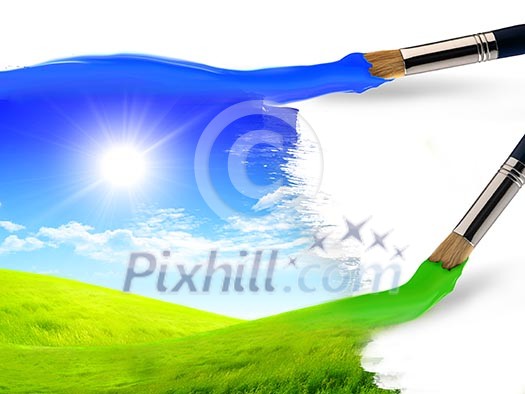 artist brush painting picture of summer nature artist brush painting picture of summer nature