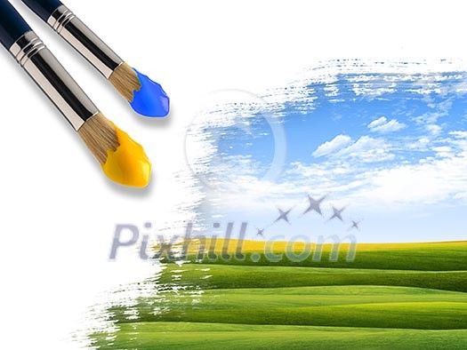 Coloring landscape with blue sky and green grass with a brush. Coloring landscape with blue sky and green grass with a brush.