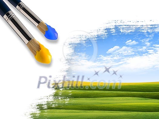 Coloring landscape with blue sky and green grass with a brush.