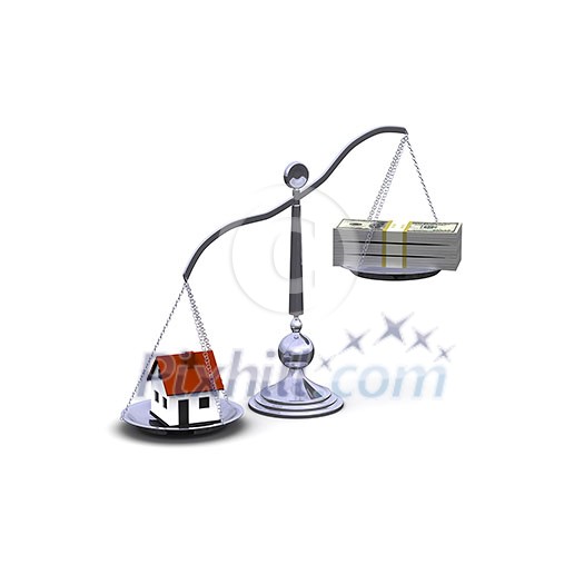 Three-dimensional scale with a house and a pack of dollar bills. The symbol of real estate. Three-dimensional scale with a house and a pack of dollar bills. The symbol of real estate.