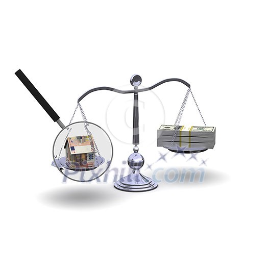 Three-dimensional scale with a house and a pack of dollar bills. The symbol of real estate. Three-dimensional scale with a house and a pack of dollar bills. The symbol of real estate.