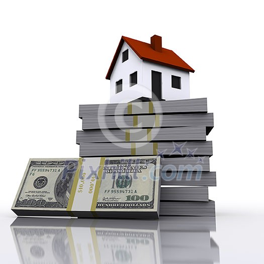 A small cottage and a three-dimensional stack of hundred-dollar bills. symbol of a successful real estate business A small cottage and a three-dimensional stack of hundred-dollar bills. symbol of a successful real estate business