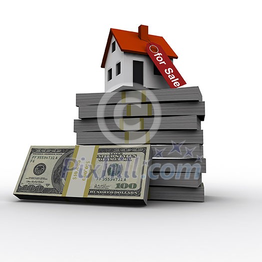 A small cottage and a three-dimensional stack of hundred-dollar bills. symbol of a successful real estate business A small cottage and a three-dimensional stack of hundred-dollar bills. symbol of a successful real estate business