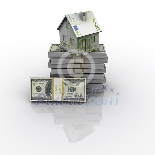 A small cottage and a three-dimensional stack of hundred-dollar bills. symbol of a successful real estate business A small cottage and a three-dimensional stack of hundred-dollar bills. symbol of a successful real estate business