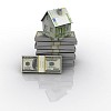 A small cottage and a three-dimensional stack of hundred-dollar bills. symbol of a successful real estate business