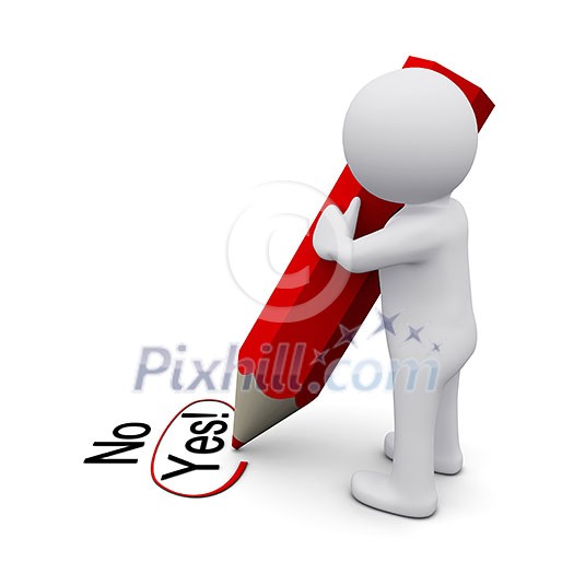 3D man writing with a pen positive answer yes 3D man writing with a pen positive answer yes