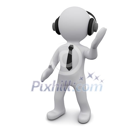 Three-dimensional man in a black tie in headphones listens to music Three-dimensional man in a black tie in headphones listens to music