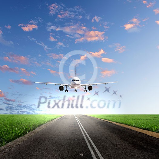 Image of airplane in blue cloudy sky Image of airplane in blue cloudy sky