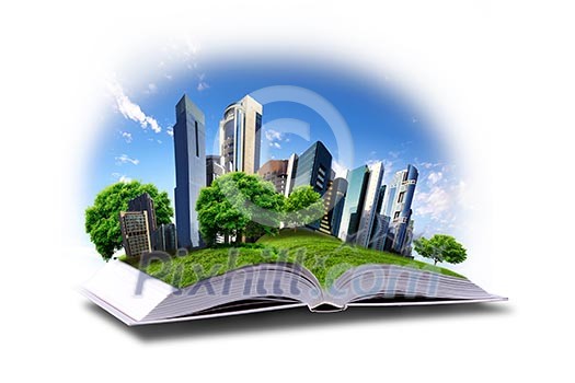 Open book with green nature world coming out of its pages Open book with green nature world coming out of its pages