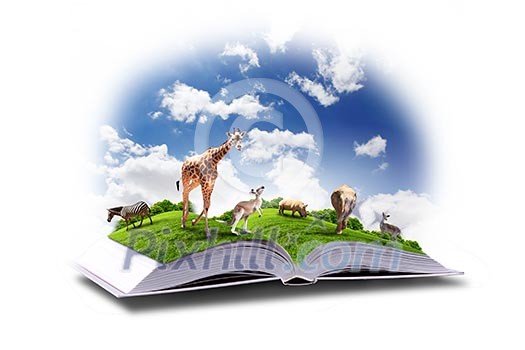 Open book with green nature world coming out of its pages Open book with green nature world coming out of its pages