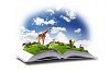 Open book with green nature world coming out of its pages