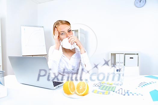 Young woman feeling unwell and sick in office Young woman feeling unwell and sick in office