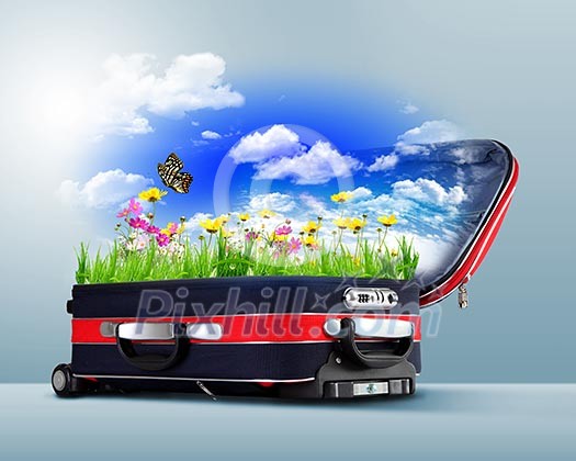 Red suitcase with green nature landscape in it Red suitcase with green nature landscape in it