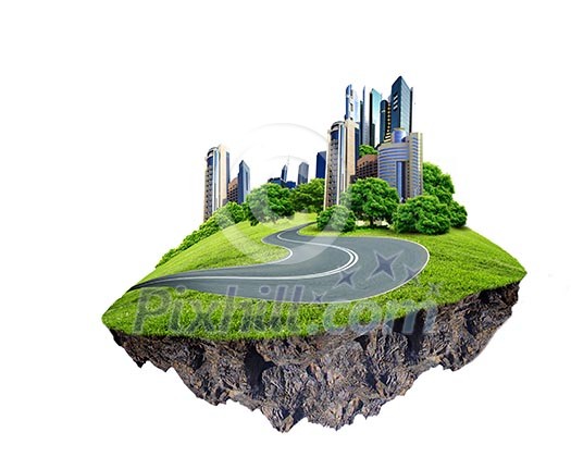 Image of a modern city surrounded by nature landscape