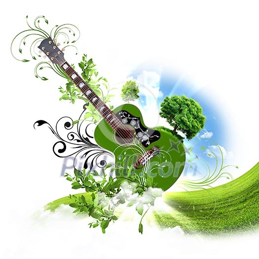 Image of a guitar against decorative background Image of a guitar against decorative background