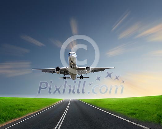 Image of airplane in blue cloudy sky Image of airplane in blue cloudy sky