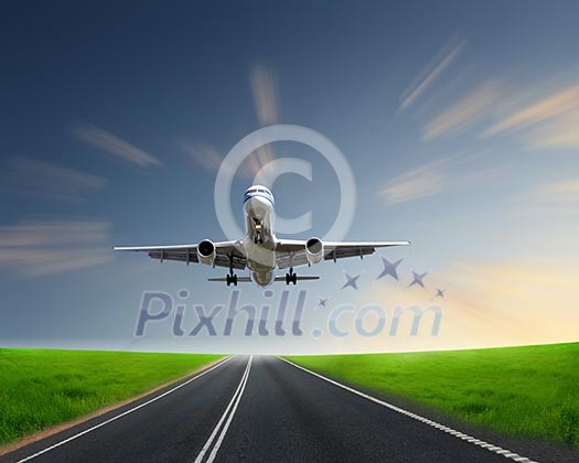 Image of airplane in blue cloudy sky