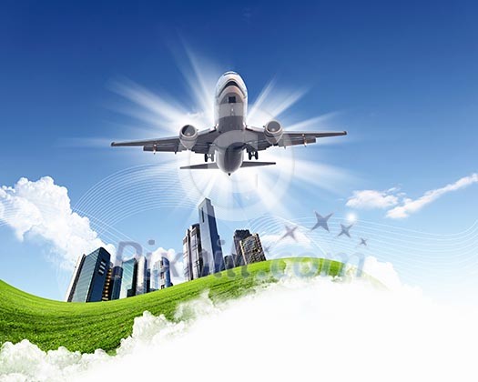 Image of airplane in blue cloudy sky Image of airplane in blue cloudy sky