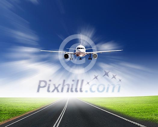 Image of airplane in blue cloudy sky Image of airplane in blue cloudy sky