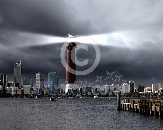 Image of a lighthouse with a strong beam of light Image of a lighthouse with a strong beam of light
