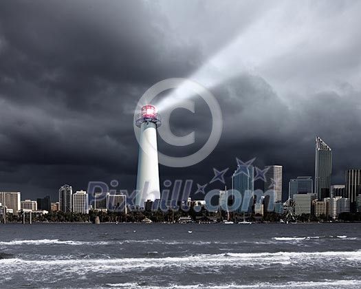 Image of a lighthouse with a strong beam of light Image of a lighthouse with a strong beam of light