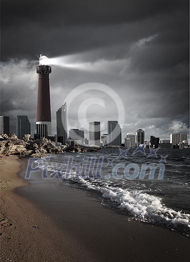 Image of a lighthouse with a strong beam of light