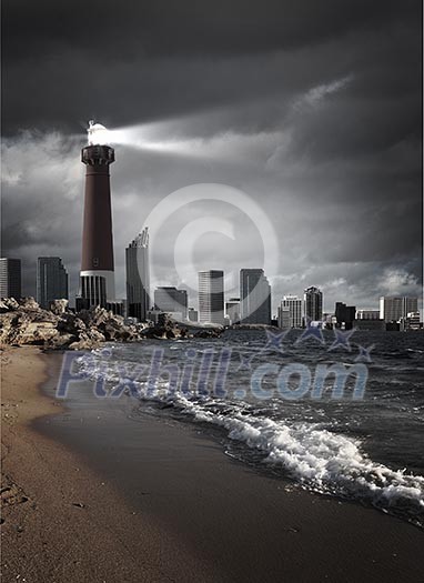 Image of a lighthouse with a strong beam of light Image of a lighthouse with a strong beam of light
