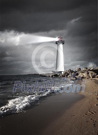 Image of a lighthouse with a strong beam of light Image of a lighthouse with a strong beam of light
