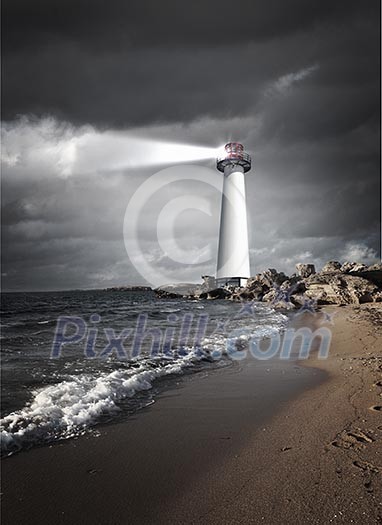 Image of a lighthouse with a strong beam of light