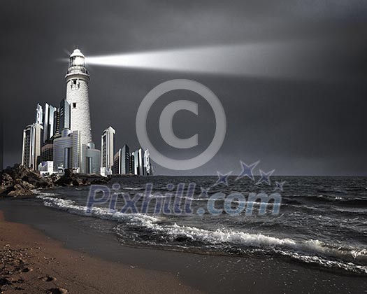 Image of a lighthouse with a strong beam of light