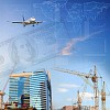 Business collage with financial charts, aeroplane, buildings and cranes