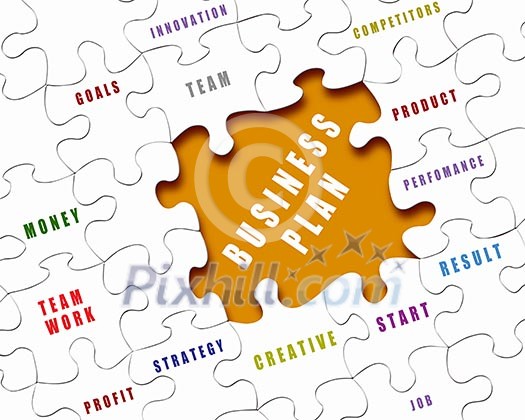 Puzzle pieces with business terms written on them