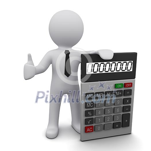 3D man wearing a tie holding calculator and showing OK sign