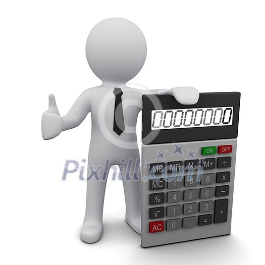 3D man wearing a tie holding calculator and showing OK sign
