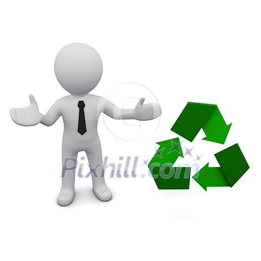 3D man inn a tie standing near green recycle sign 3D man inn a tie standing near green recycle sign