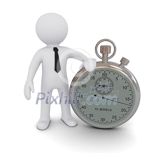 Three-dimensional person with a stopwatch on a white background.