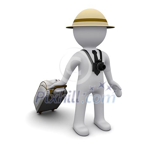 Three-dimensional man in a hat and a suitcase in the image of a tourist.