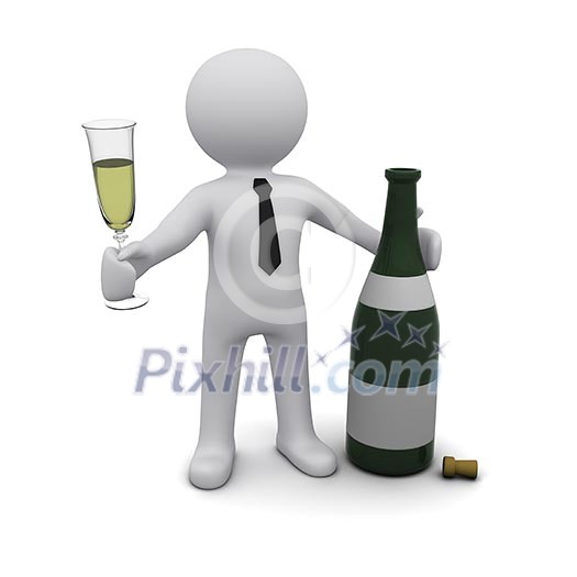 Three-dimensional person with a glass of champagne and a bottle in his hand.