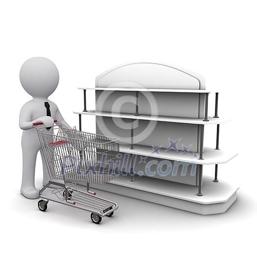 Three-dimensional people with a cart in the hands near the shelf shopping deals