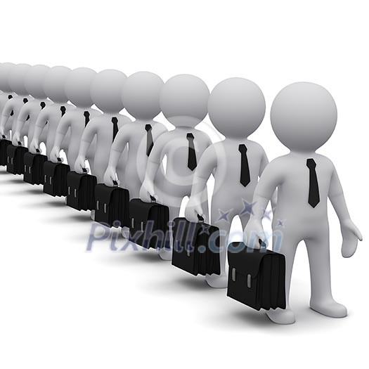 many 3D men with suitcase standing in line many 3D men with suitcase standing in line