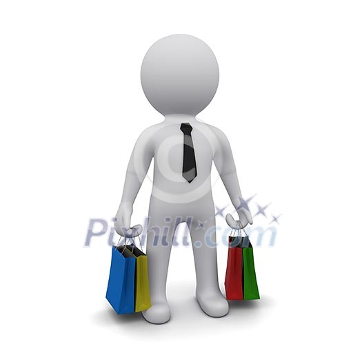 small three-dimensional man with shopping bags on white background